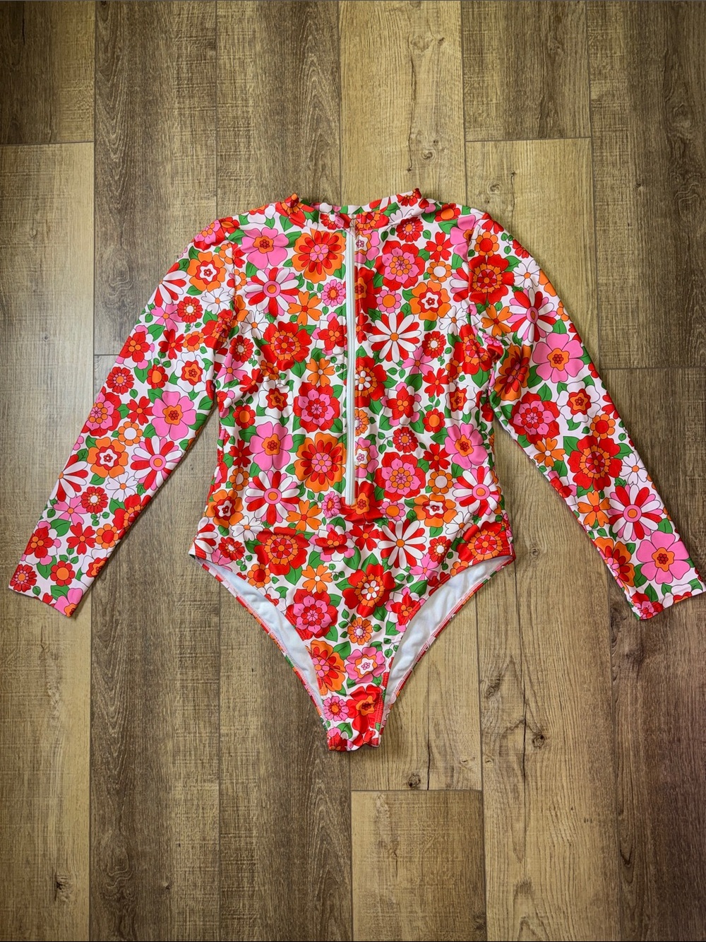 Floral Long-Sleeve One-Piece Swimsuit - Pink & Red